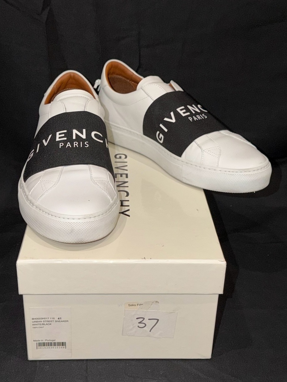 Authentic Men’s Givenchy White Leather Slip-On Sneakers with Black Logo Band